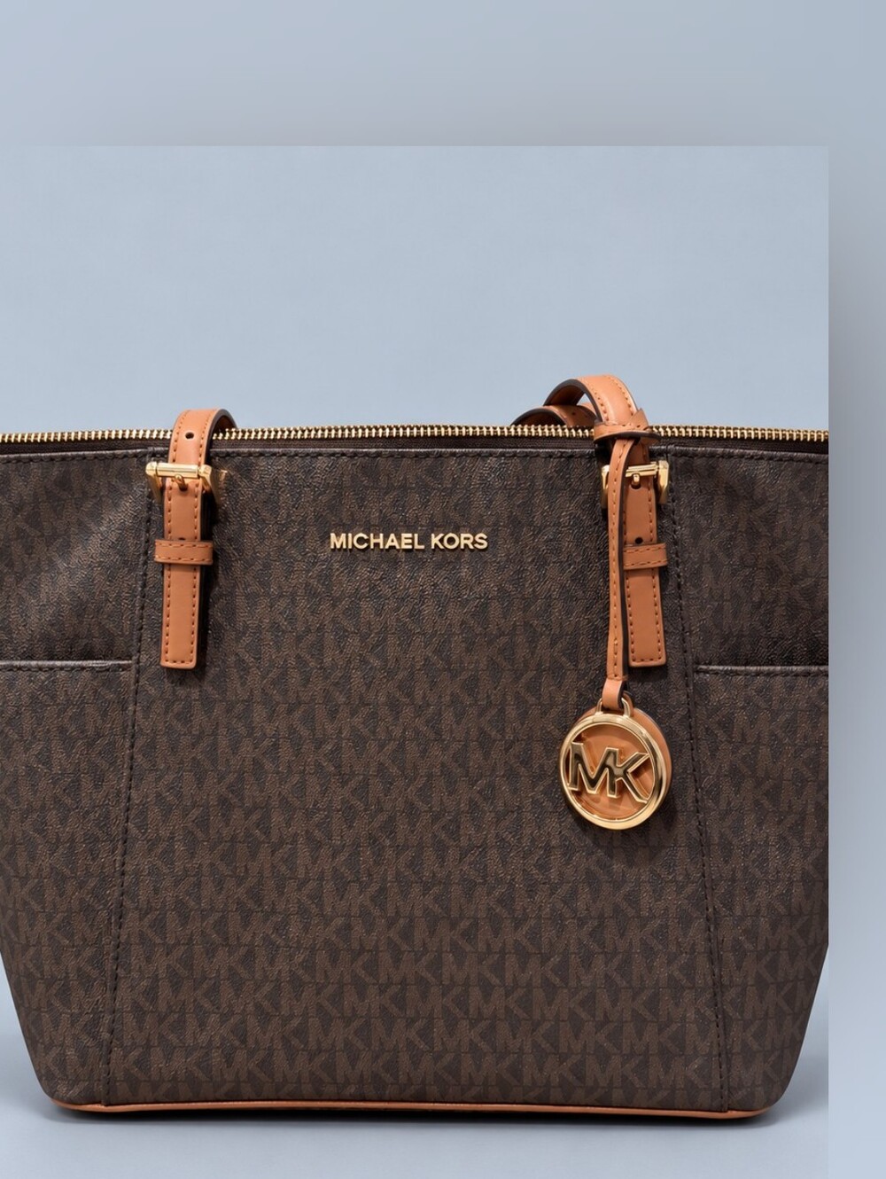 Michael Kors Jet Set Signature Logo Top Zip Tote Brown Acorn 30S0GTTT1B